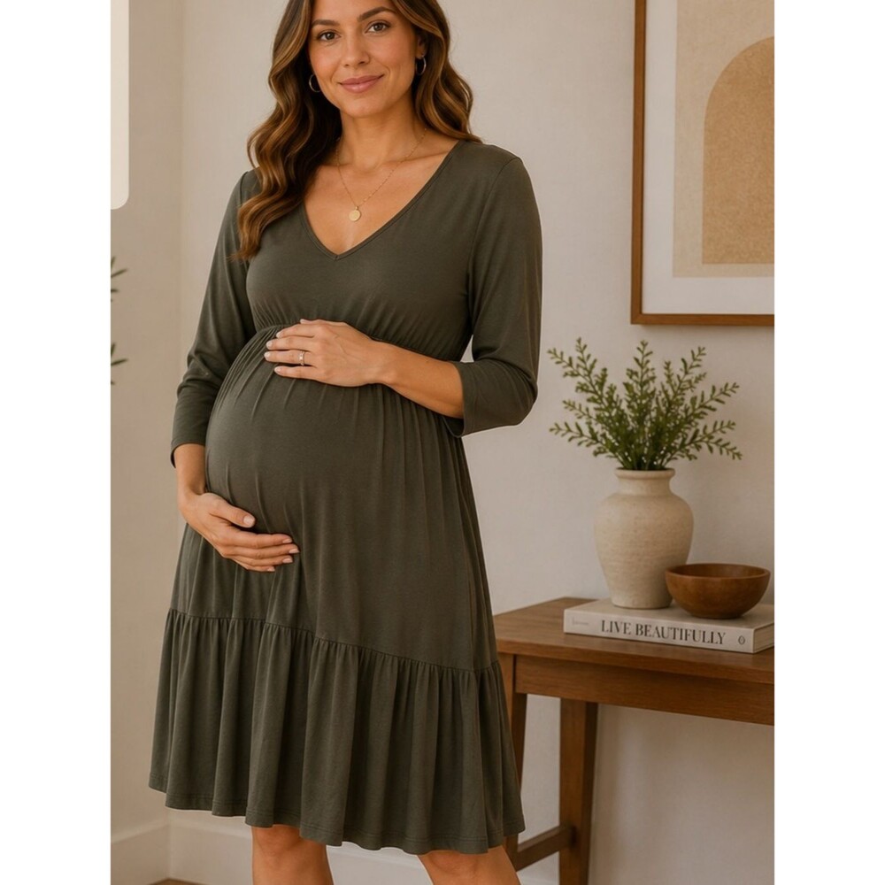 Due Time Maternity Olive Green Midi Dress | Bump-Friendly | Size L